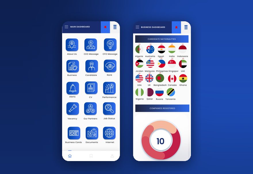 Metisinfo crew recruitment app — main dashboard and business dashboard screens